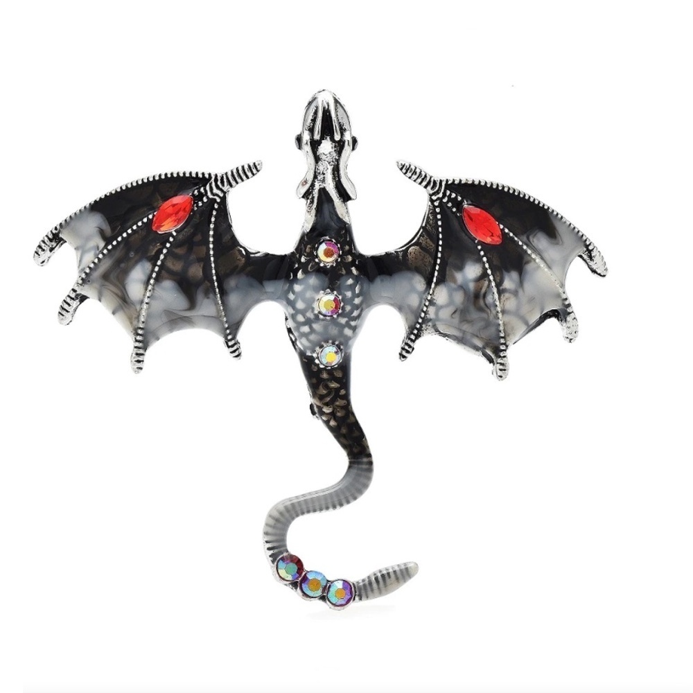 Black Dragon Brooch – Red & Crystal Accents – Fantasy Statement Pin, Unique Gift